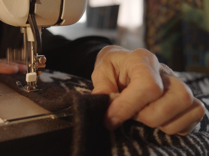 Blanket edge being stitched on a sewing machine