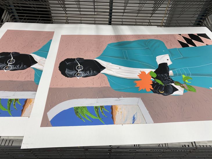 large-scale prints drying at the production workshop, Otis Kwame Kye Quaicoe print - close up