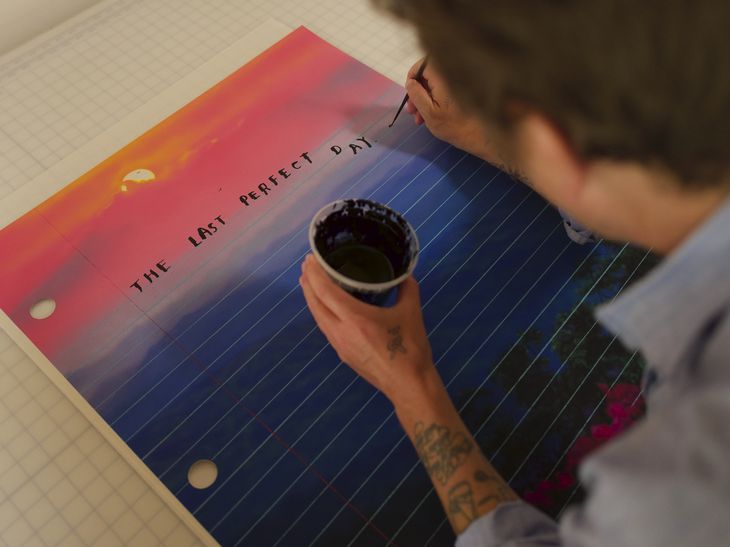Print that look like notebook page with scenery background and lettering, The Last Perfect Day by Friedrich Kunath - bts
