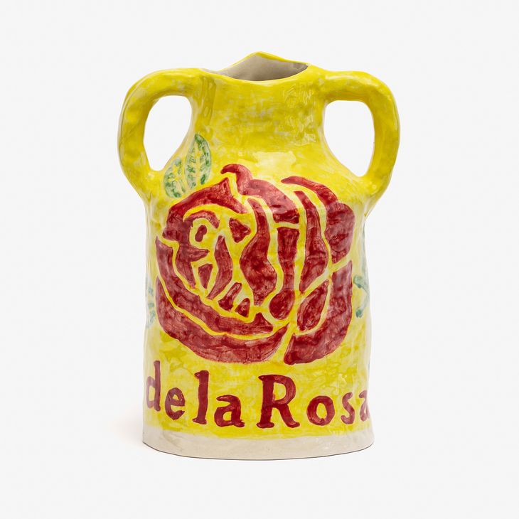 Yellow vase with Red rose and text