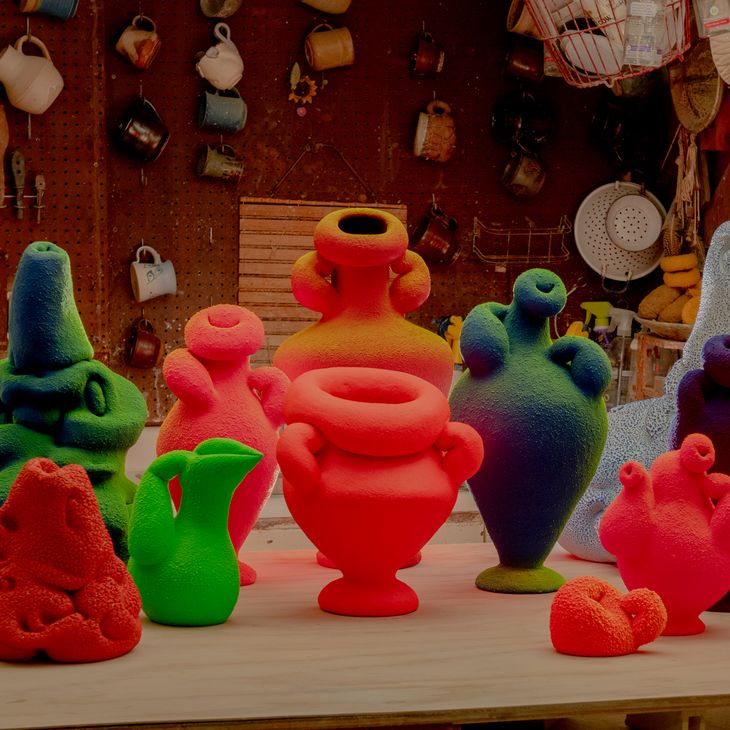 About a dozen ceramic sculptures of various sizes and vibrant hues, placed on a surface in a workshop