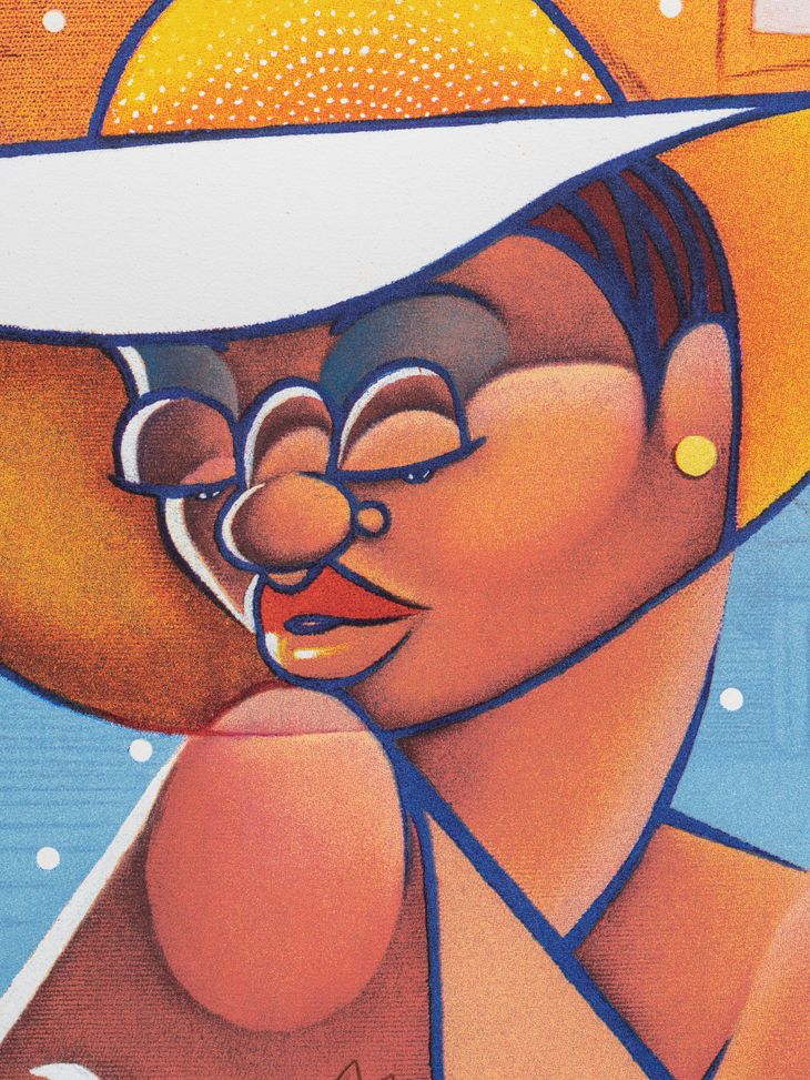 a detail of a hand-finished print of a character in a sun hat with a champagne flute