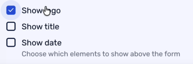 Checkbox options for "Show logo," "Show title," and "Show date," with "Show logo" checked; cursor pointing at "Show logo."