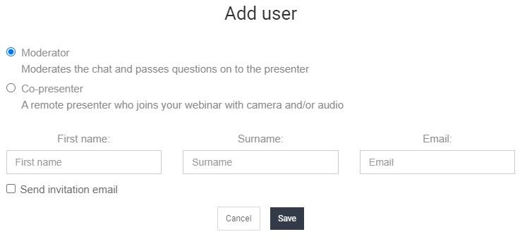 Screenshot of adding presenters or moderators option