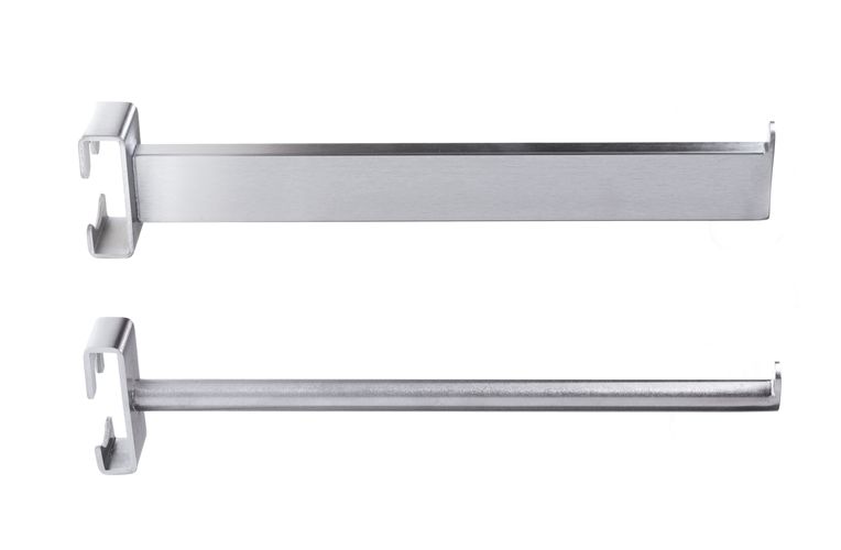 Two long metal rods of varying widths with clasps on the left end are placed against a white background.