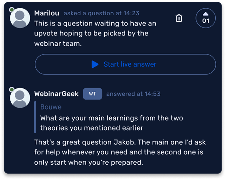 A chat interface showing a question from Marilou and a response from WebinarGeek discussing main learnings from theories.