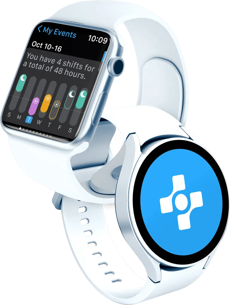 Two smart watches with the NurseGrid Logo and app screens on the faces