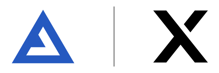 The Apply Digital triangle logo in blue and the E2X X logo in black