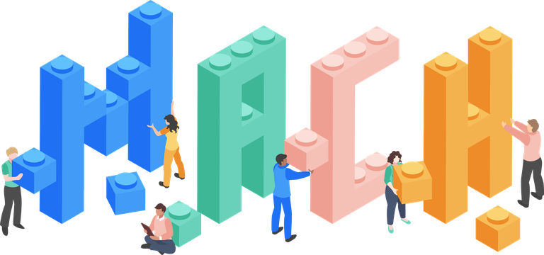Illustration of people using building blocks to spell out MACH