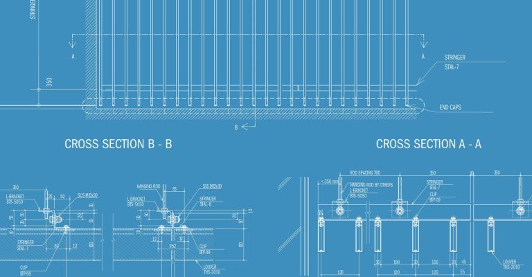 White technical drawings labelled as "Cross Section B - B" are printed against a blue background.