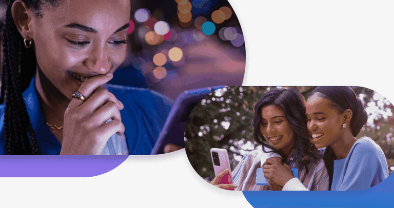 A collage of images featuring women smiling at their phones