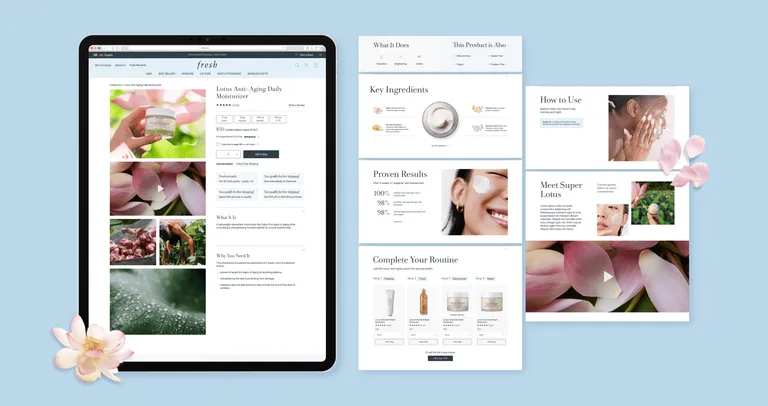 A tablet displays fresh's product details page