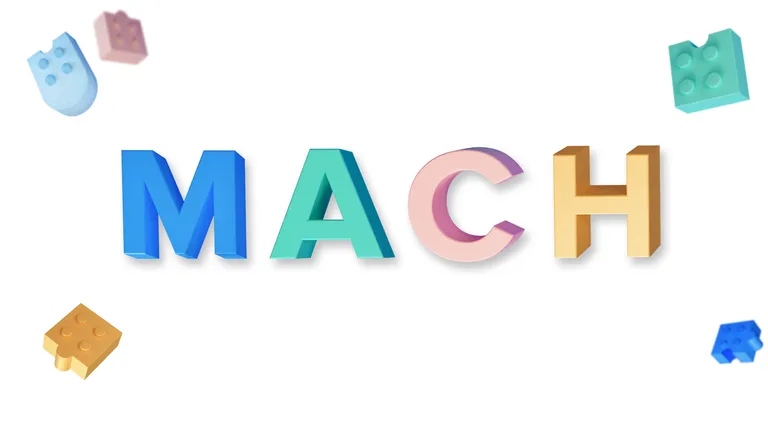 Lego pieces surround the word "MACH" which is designed as 3D letters 
