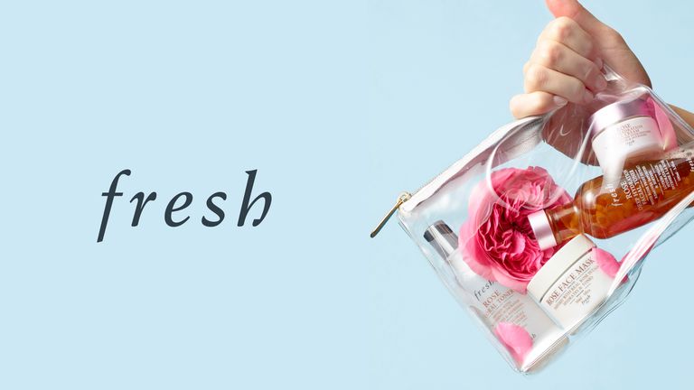 The fresh logo and a hand holding a clear bag of skincare products