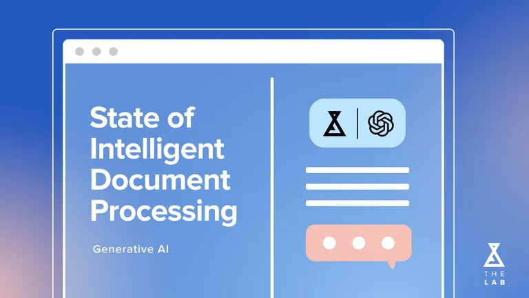Text reads "State of Intelligent Document Processes Generative AI." The text, The Lab logos, and chat bubble illustrations appear on a translucent web window.