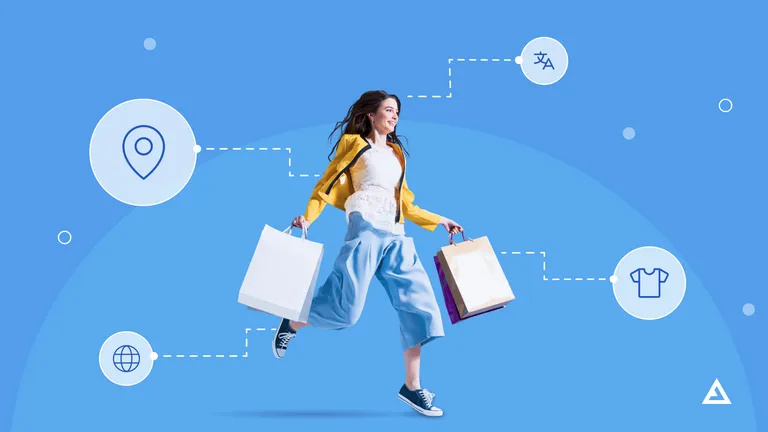 A woman holds two shopping bags in either hands. Icons illustration location, language, and clothing are connected to dotted lines that also connect to the woman.