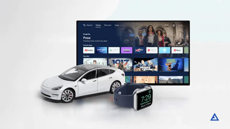 An EV car, smartwatch, and TV are displayed