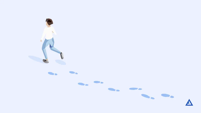 An illustrated person leaves blue footprints as they walk across a light blue background