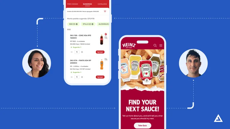 Lidia Bonet from Coca-Cola, and Justin Thomas from Kraft Heinz appear on the image next to UI mobile screens of Coca-Cola's commerce app and Kraft Heinz's new mobile website.