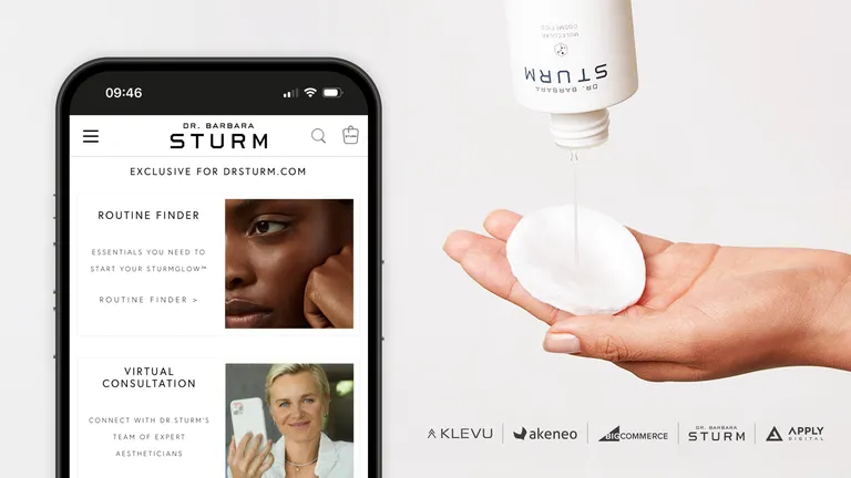Mobile phone showing the Barbara Strum Website and a hand with a pouring a beauty serum on a cotton pad