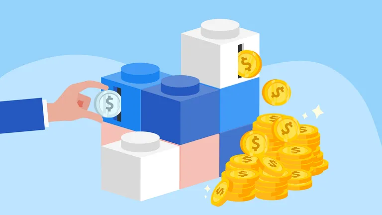 Illustration of a lego blocks. A hand inserts a silver coin into one of the lego boxes as if it's a piggy bank and another block shoots out many gold coins.