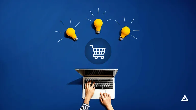 Three yellow lightbulbs flash on a blue background. An icon of a shopping cart appears in a dark blue bubble. A woman uses a laptop.