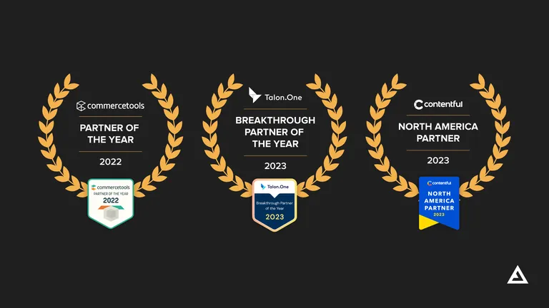 Three golden laurels with the badges of the three awards won from Contentful, commercetools, and Talon.One