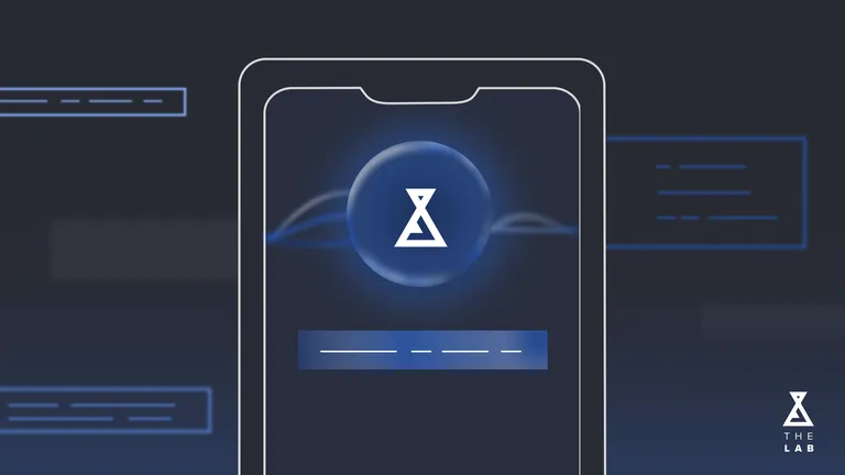 The Lab's beaker logo appears on a tablet screen. Information flows in and out of the tablet.
