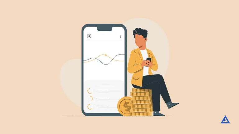 Illustration of a woman on her phone sitting on gold coins. There's a big mobile phone next to her that shows some wave charts.
