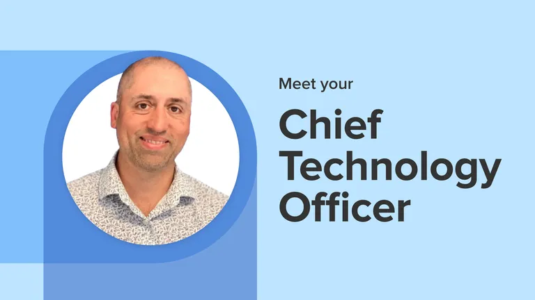 A circle picture of Apply Digital's Chief Technology Officer, Dom Selvon on a blue background