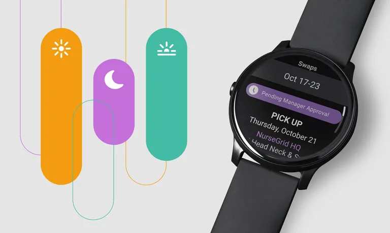 A smart watch with NurseGrid shift swap screen next to scheduling blobs