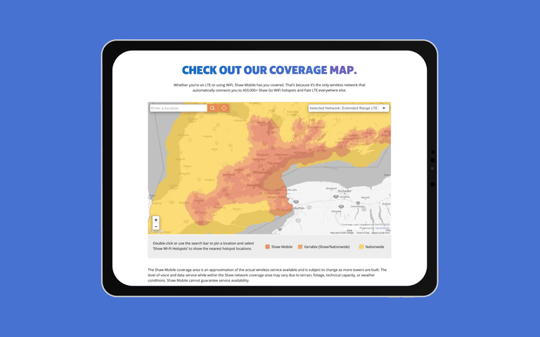 A tablet displays Shaw Mobile's coverage map on their website.