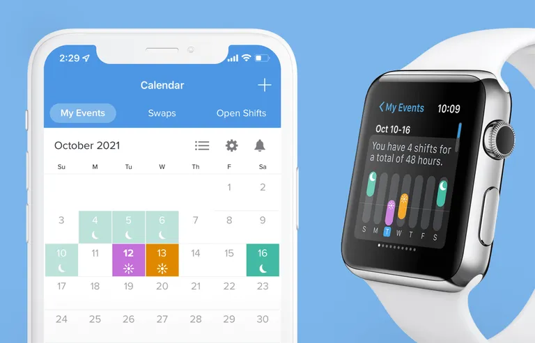 The NurseGrid mobile app next to its smart watch app counterpart