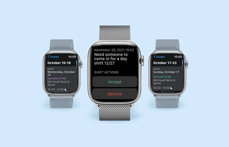 Three smart watches with NurseGrid app interfaces