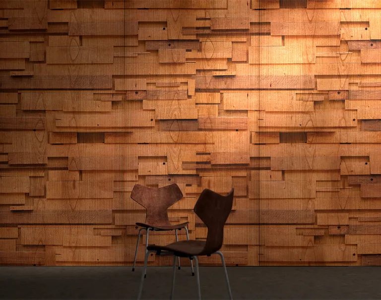 Two wooden chairs are placed in front of a wall decorated with Infused Veneer, making the wall seem as if different wooden blocks of varying shapes are protruding out at different heights.