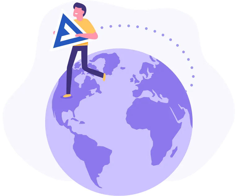 An illustration of a person holding the Apply Digital logo while walking across a globe.