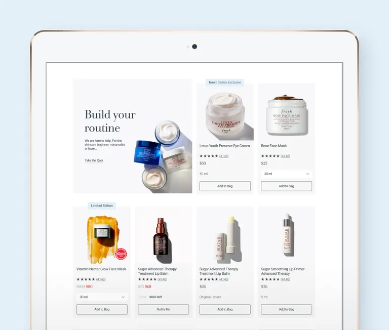 A tablet displays fresh's product listing page