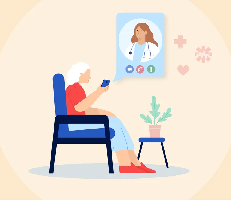 Illustration of elderly woman using her phone to access digital health.