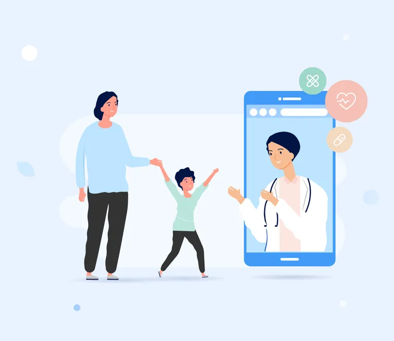Mom and child interacting with healthcare provider on smartphone