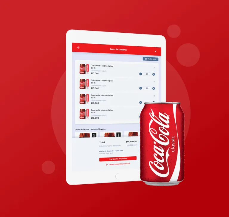 A tablet shows Coca Cola's checkout screen with a can of coca cola in front of the tablet
