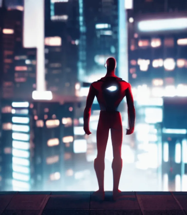 An AI-generated image of a superhero-esque person standing on top of a building. They look out into a sea of skyscrapers.