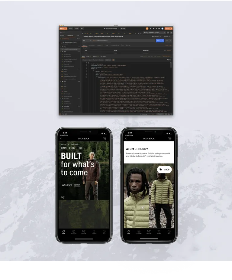 A composite image showing a code snippet and phones with Arcteryx app