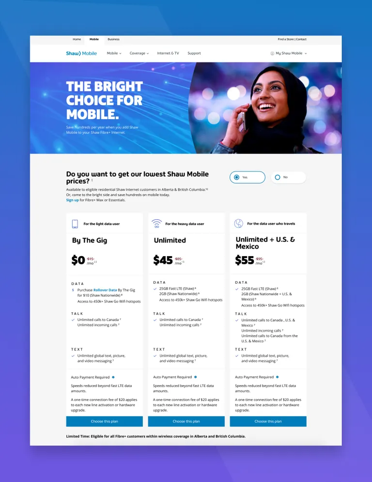 The Shaw Mobile website is displayed on a blue and purple gradient background
