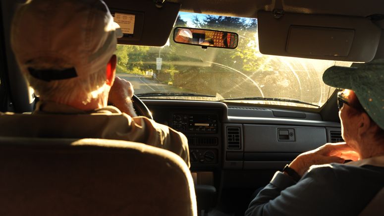 Photo from the backseat showing a man and a woman driving looking into the sunPhoto from the backseat showing a man and a woman driving looking into the sun