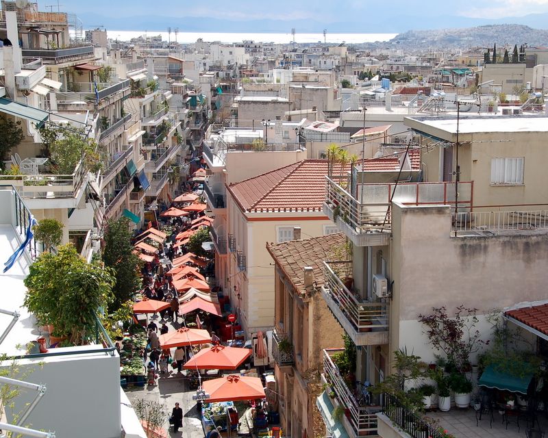 Looking down at a street market in Koukaki, Athens