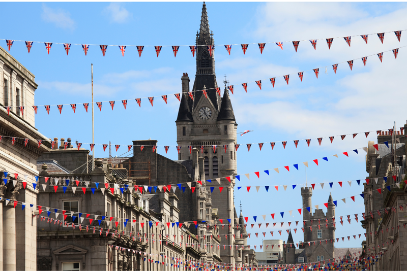 Flags and bunting decorating Union Street in Aberdeen, Scotland 