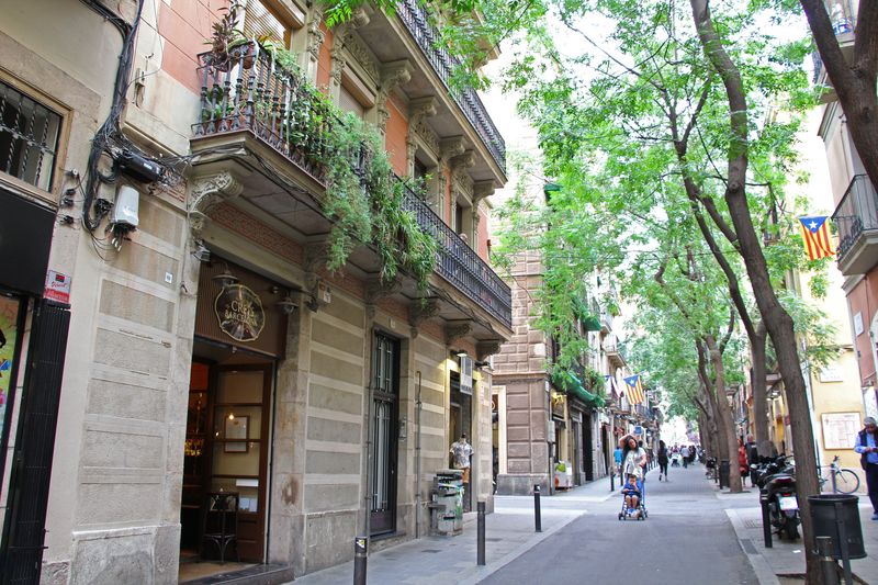 A street lined with trees in Gràcia, Barcelona