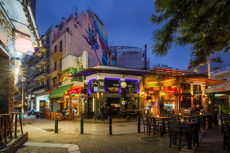 Bars and coffee shops in Psirri neighbourhood in central Athens, Greece