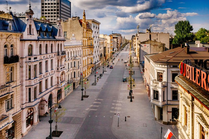 An empty view of Piotrkowska Street in Lodz, Poland
