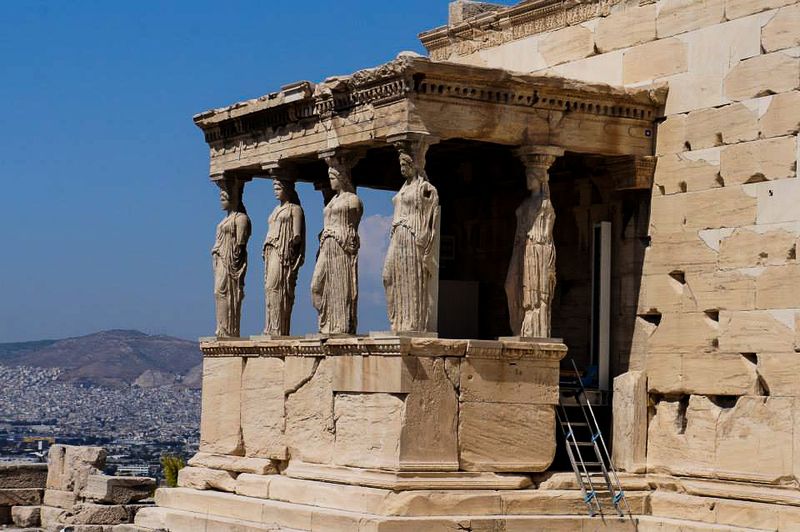 The Erechtheion porch supported by pillars shaped like Greek maidens